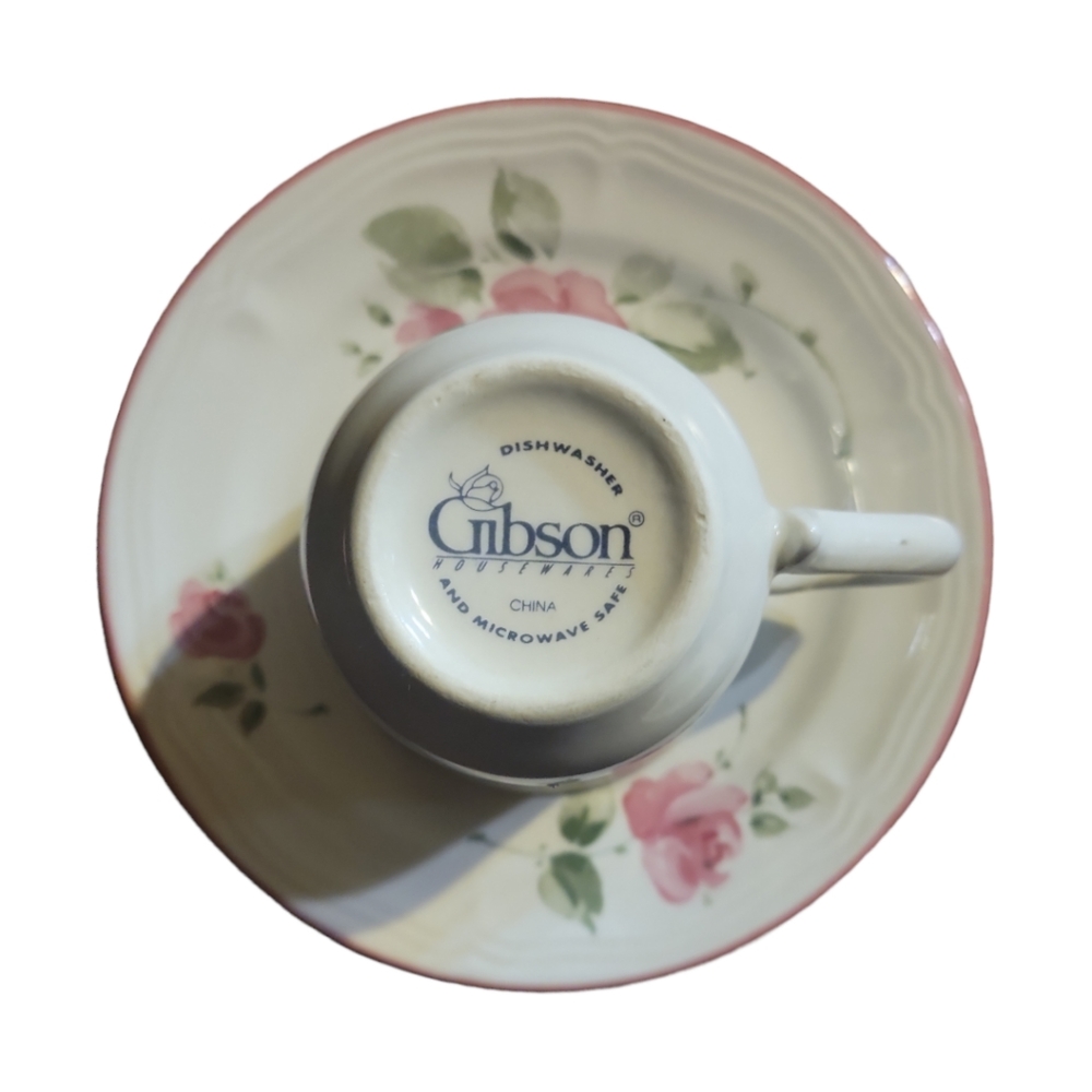 1 Vtg Gibson Roseland Coffee Tea Stoneware Flat Cup/Saucer Pink Rim Roses Leaves - Picture 5 of 5
